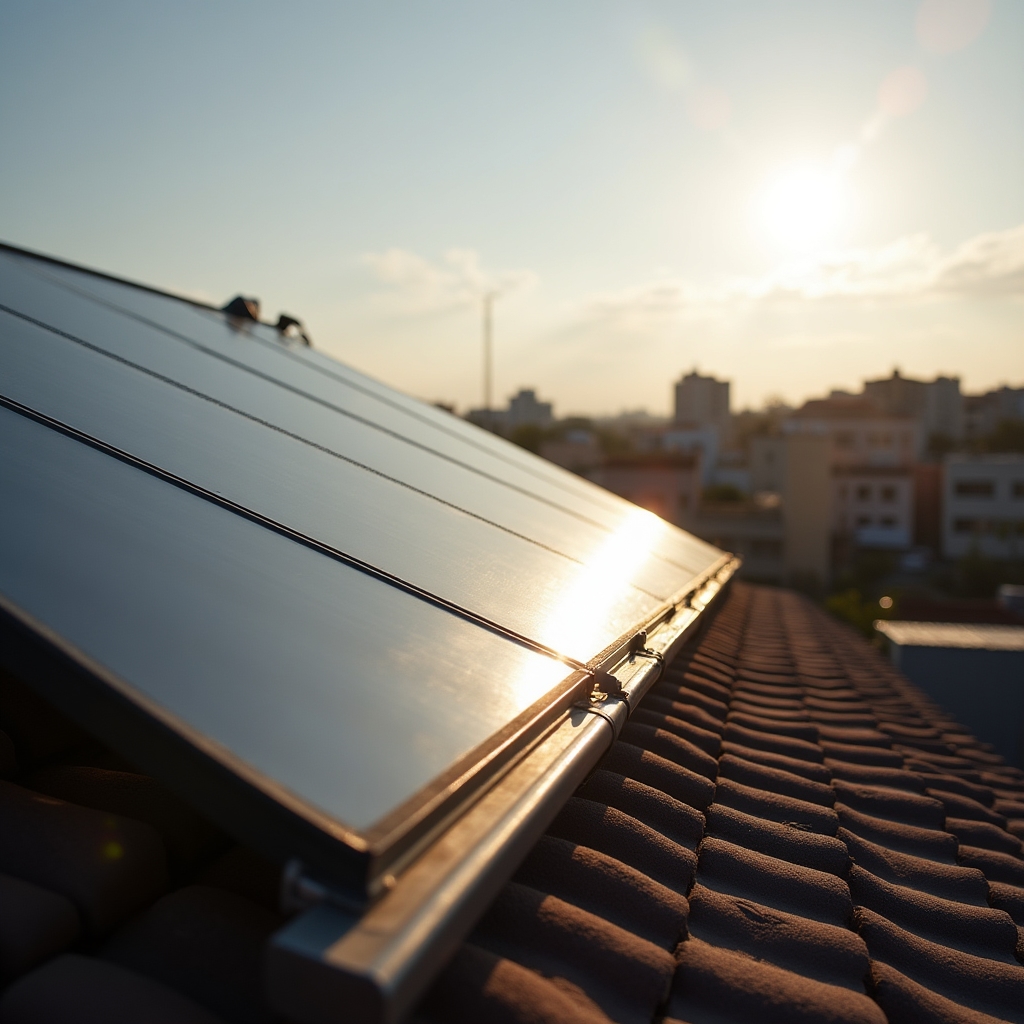Vista de un techo mostrando la orientación de colectores solares hacia el norte en una vivienda familiar