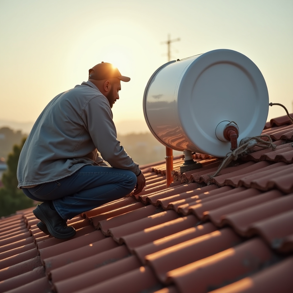 Instalación de un termotanque solar con tanque auxiliar conectado en el techo de una vivienda